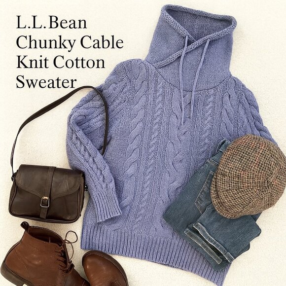 L.L. Bean Chunky Cable Knit Cotton Turtleneck Sweater M — Cozy Cottagecore Pullo - Picture 1 of 14